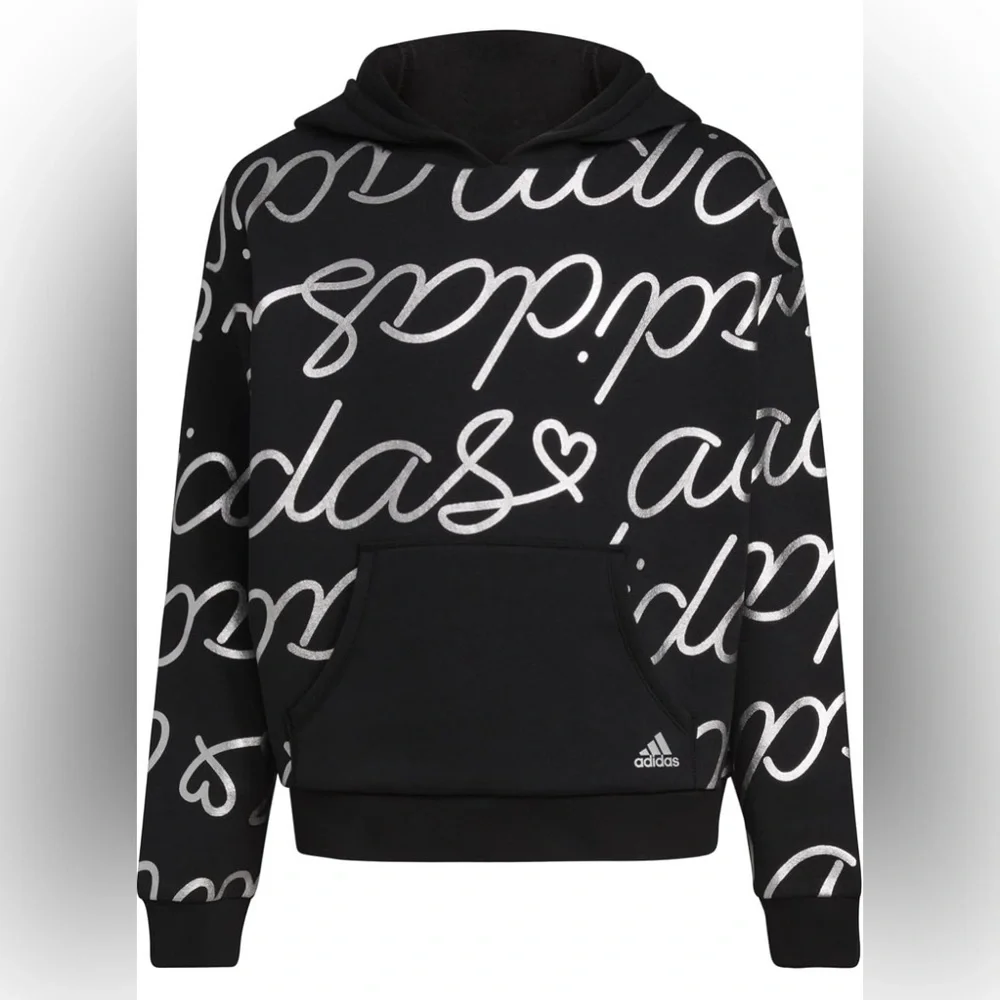 Adidas | Girls' Allover Print Foil Fleece Silver on Black Hoodie | Size 14 | EUC
